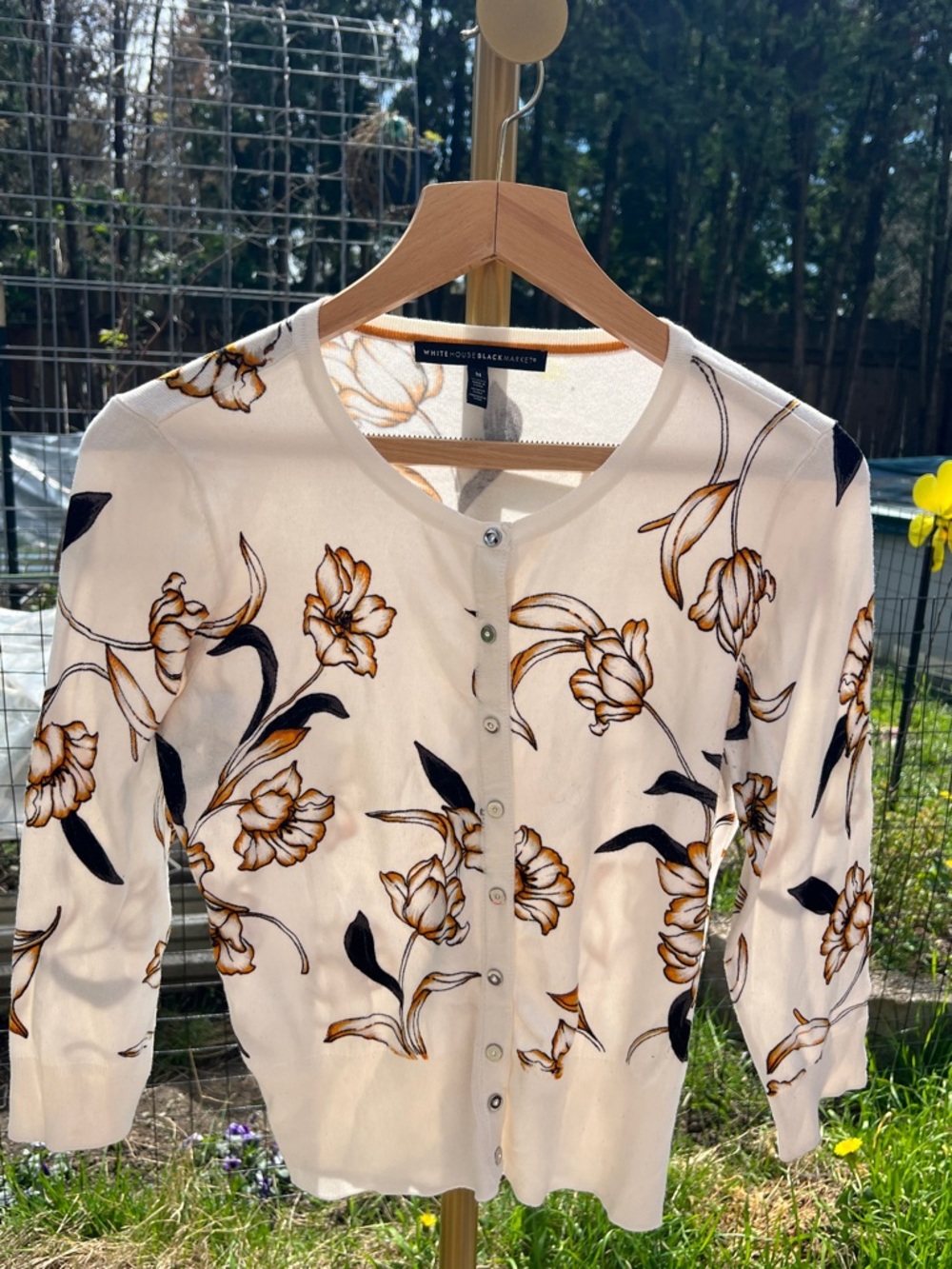 White Floral Cardigan with Black and Ochre Tulip Print M